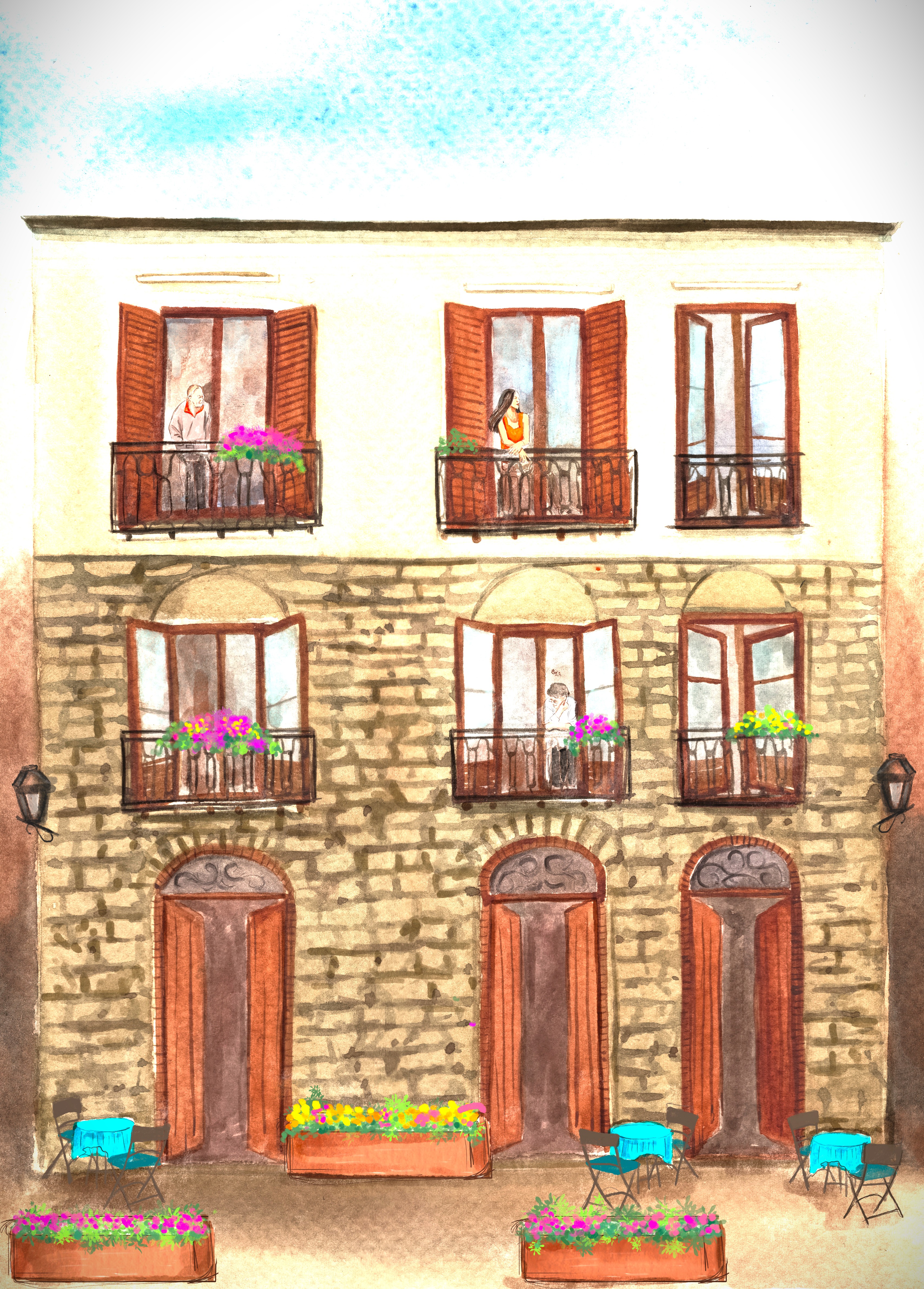 Watercolor rendering of the house façade